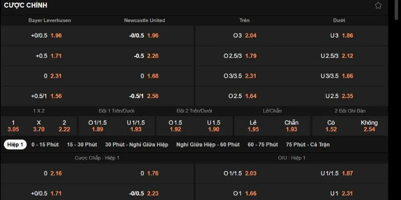 Bảng kèo Bayer 04 vs Newcastle United