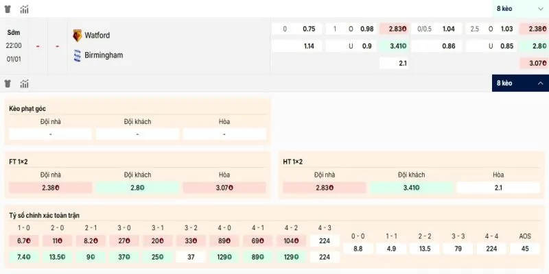 Các kèo hấp dẫn nên tham gia của Watford vs Birmingham City
