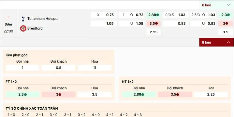 Các kèo hấp dẫn nên tham gia của trận Tottenham vs Brentford